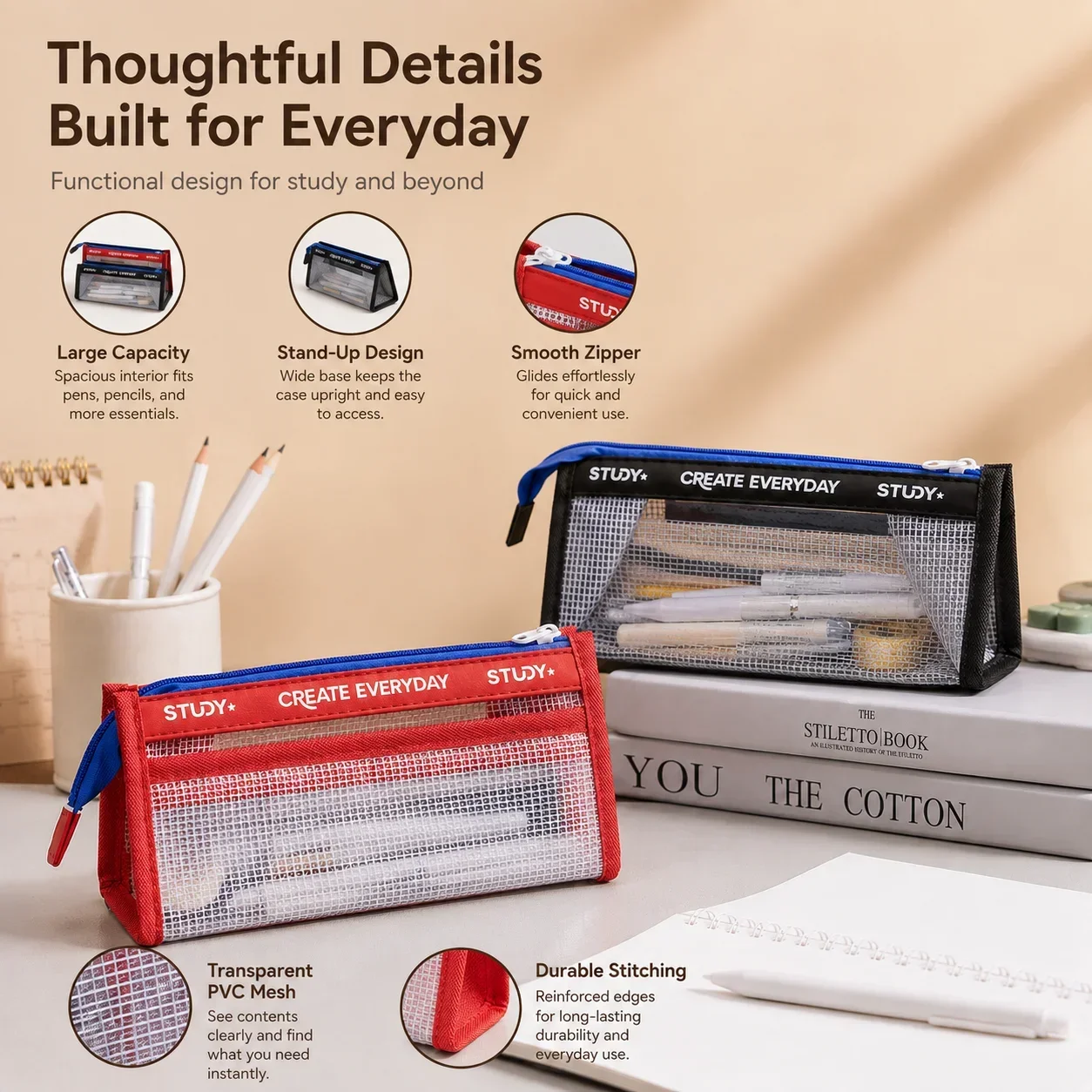 Aesthetic Large Pencil Case Pouch - Clear Pencil Case, Large Capacity Transparent